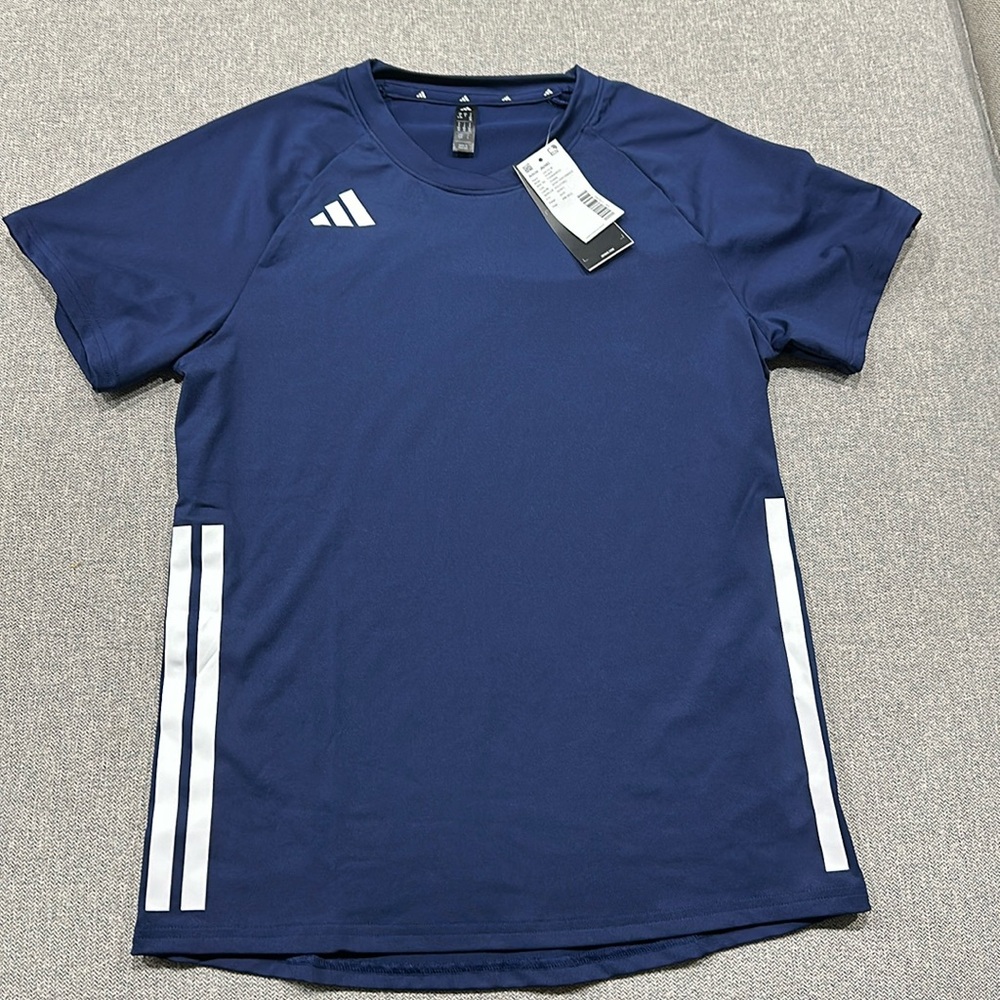 NWT. Adidas Womens Hi Lo Blue Crew Neck Short Sleeve Volleyball Jersey
